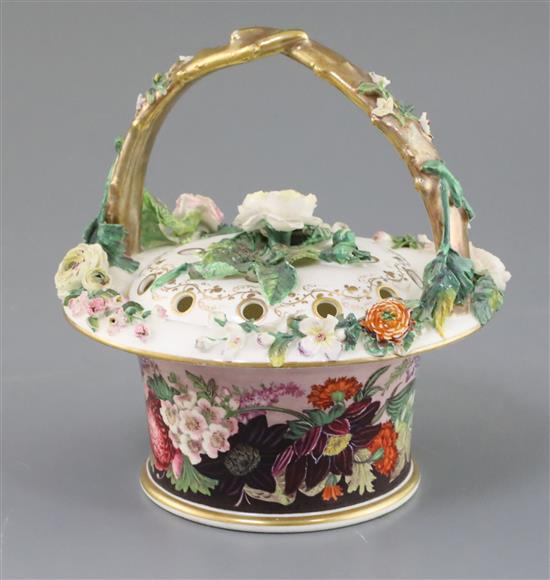 A rare and fine Rockingham porcelain pot pourri basket and cover, 1830-42, H. 16.5cm